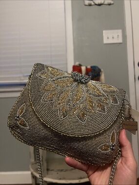 Mary Frances Beaded Silver and Gold Evening Clutch with Chain Strap